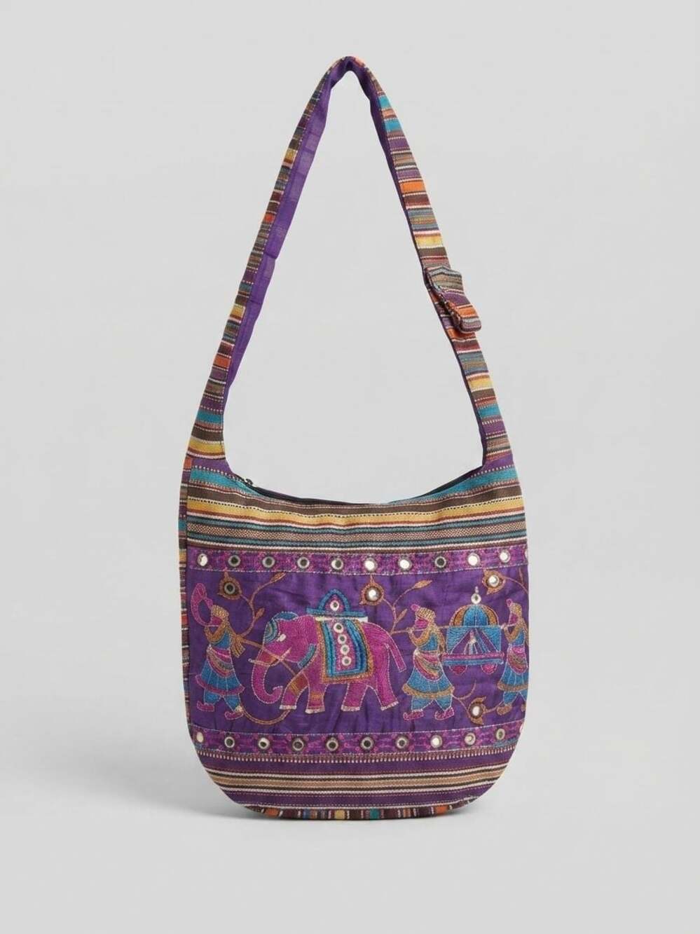 Cotton Shoulder Bag w/ Embroidered Elephant Design & Stripe Detail Handbag